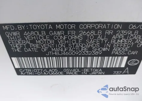 2009 Lexus Es 350 from USA, damaged, VIN JTHBJ46G092332389